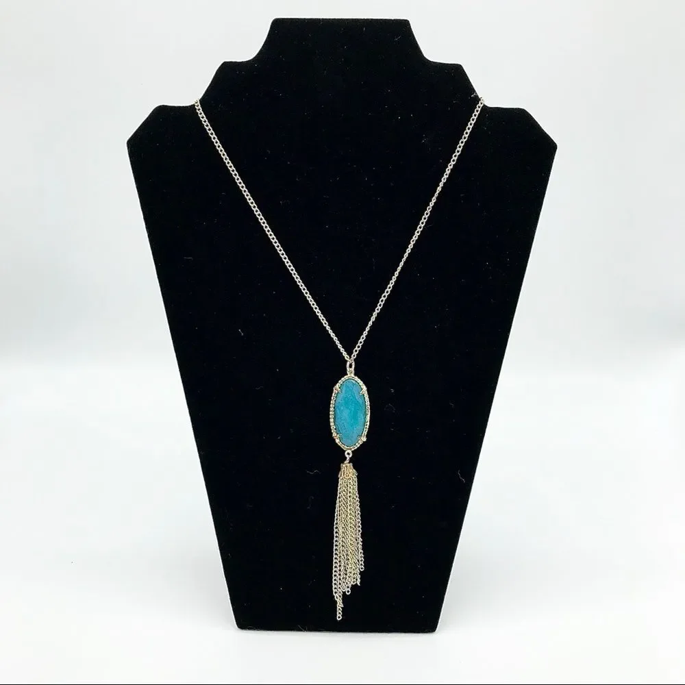 Blue Stone Gold Tone Chain Tassel Long Necklace Boho